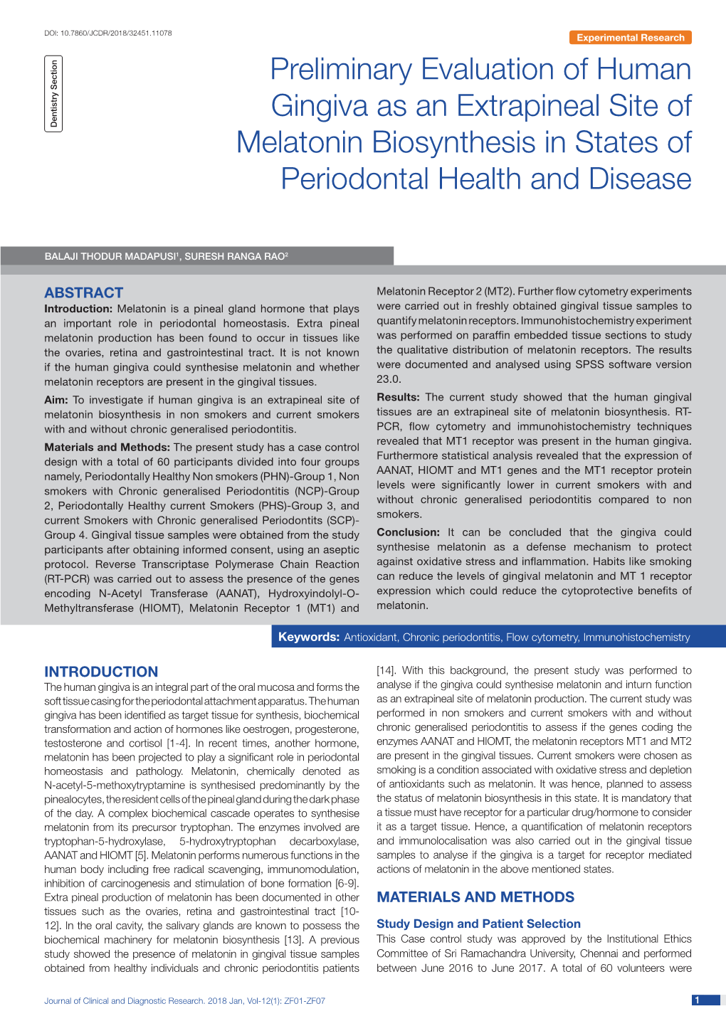 Preliminary Evaluation of Human Gingiva As an Extrapineal Site of Dentistry Section Melatonin Biosynthesis in States of Periodontal Health and Disease