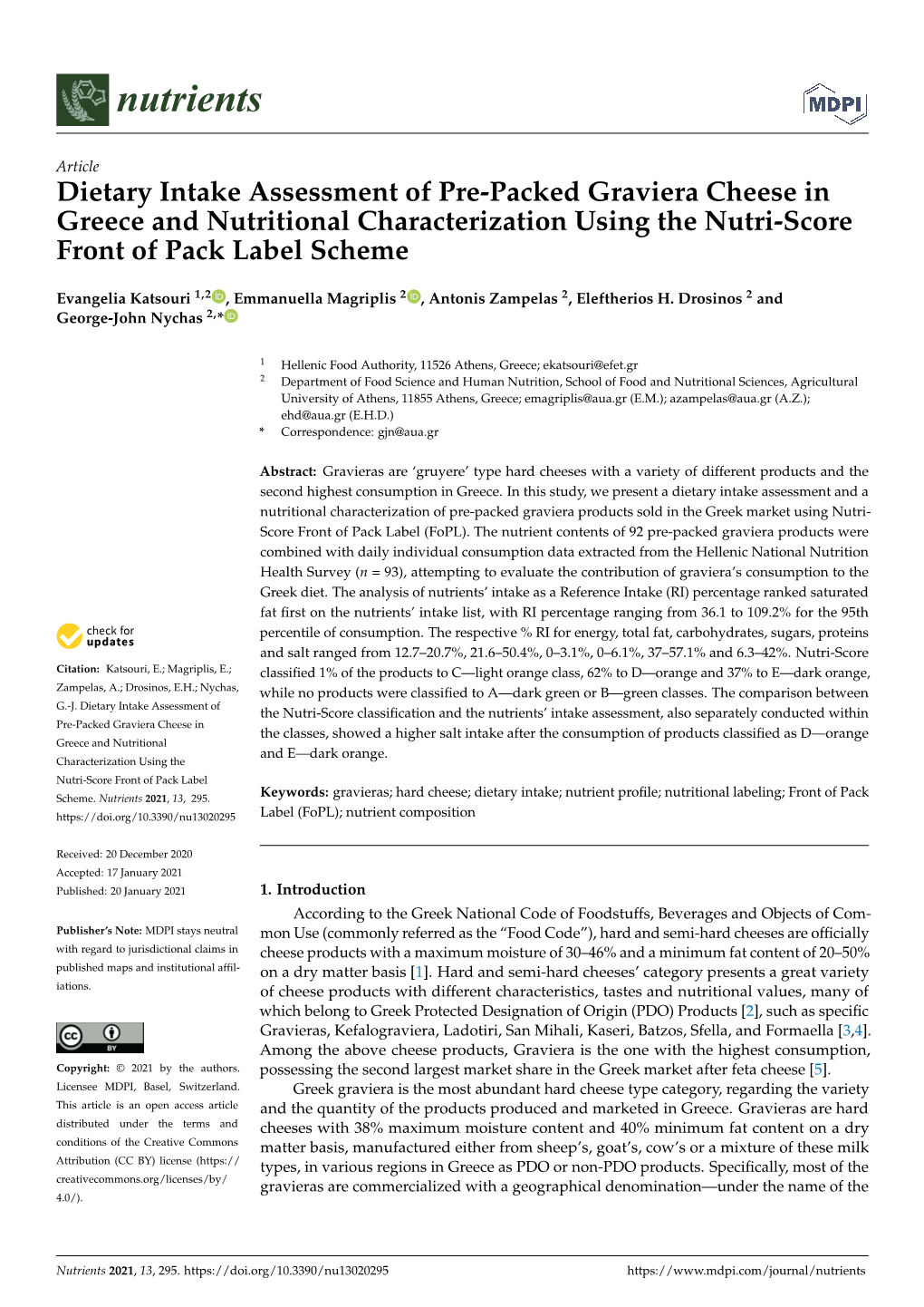 Dietary Intake Assessment of Pre-Packed Graviera Cheese in Greece and Nutritional Characterization Using the Nutri-Score Front of Pack Label Scheme