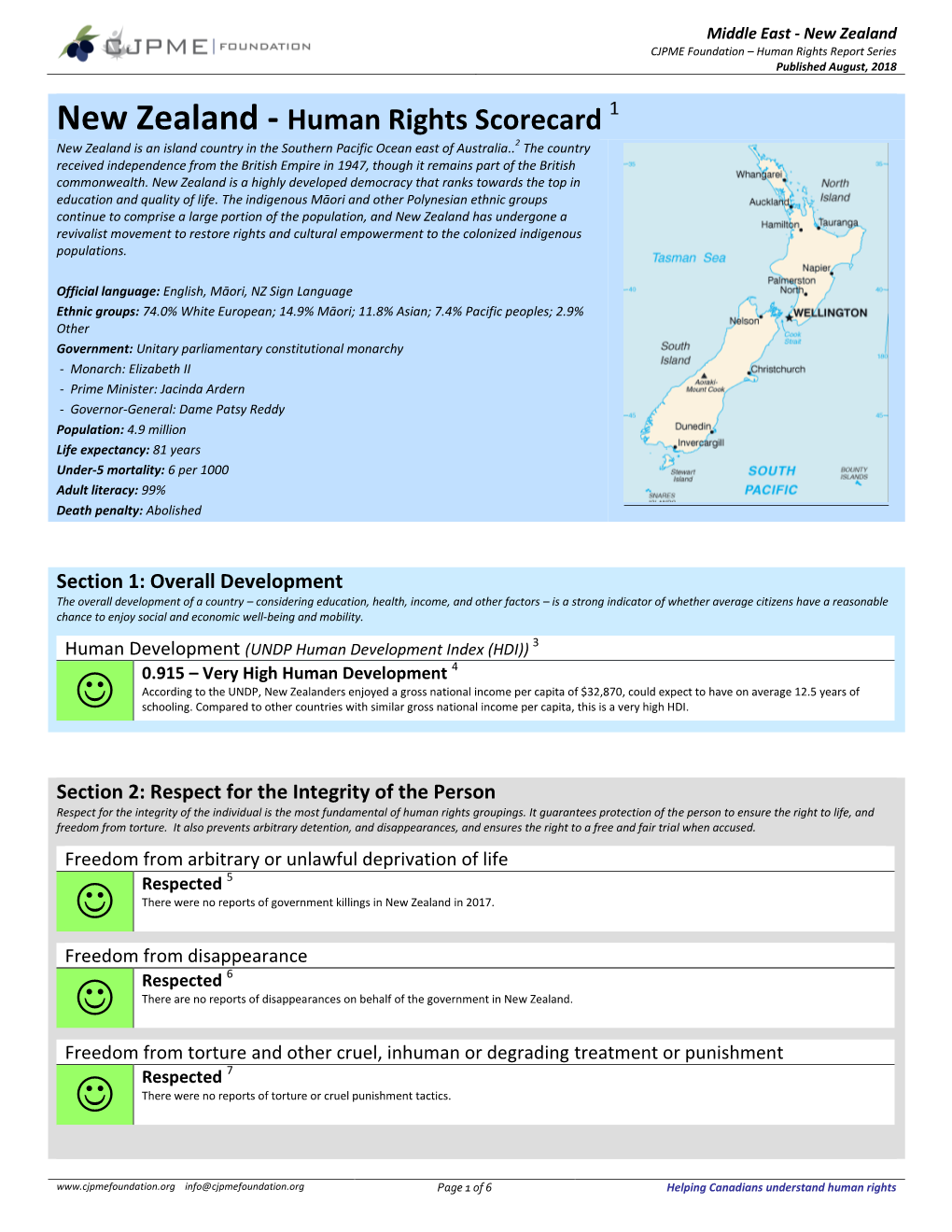 New Zealand CJPME Foundation – Human Rights Report Series Published August, 2018