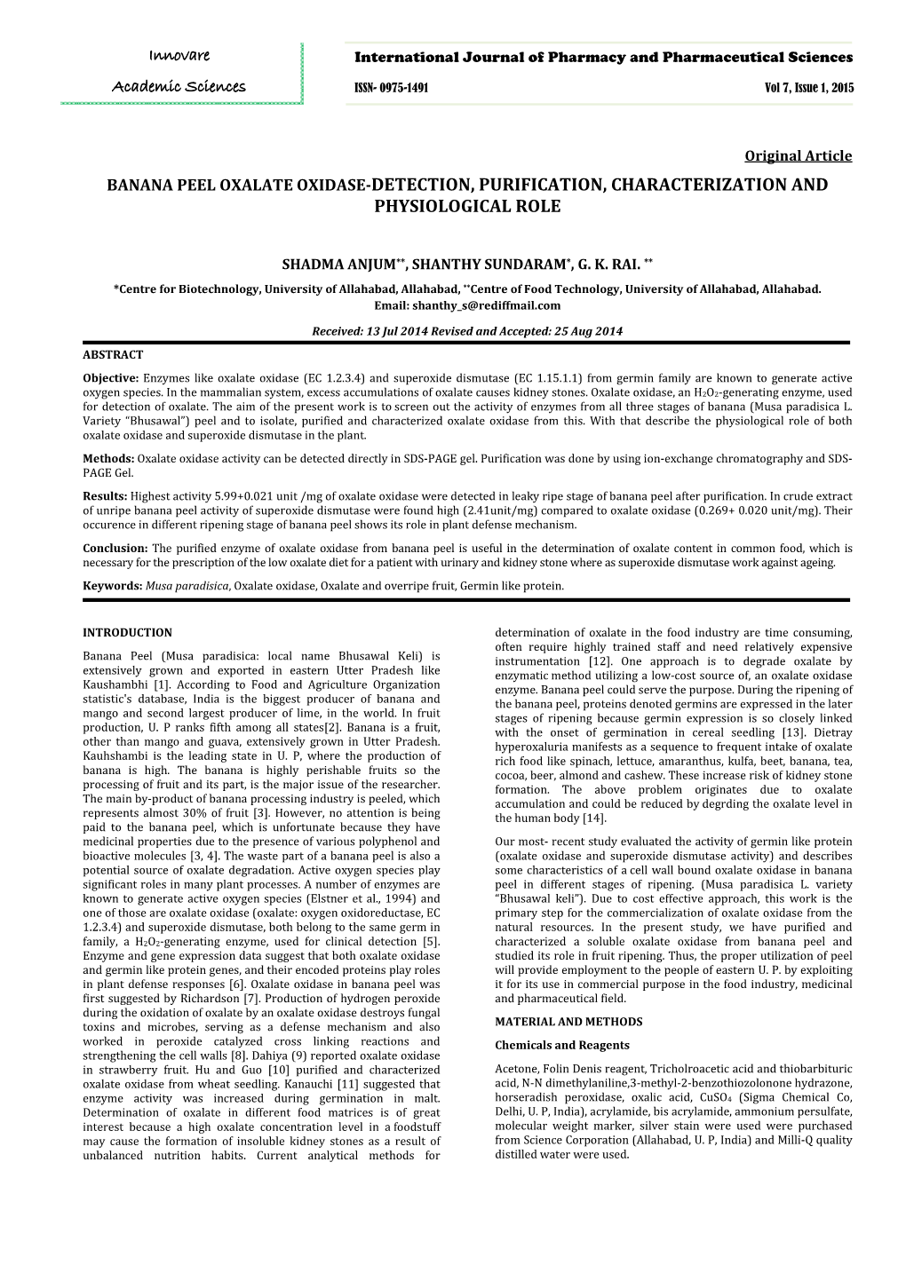 Banana Peel Oxalate Oxidase-Detection, Purification, Characterization and Physiological Role