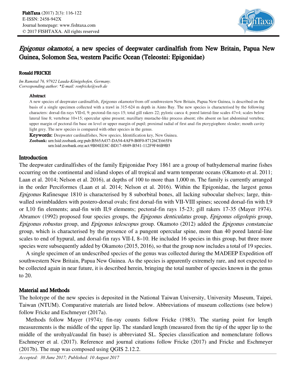 Epigonus Okamotoi, a New Species of Deepwater Cardinalfish from New Britain, Papua New Guinea, Solomon Sea, Western Pacific Ocean (Teleostei: Epigonidae)