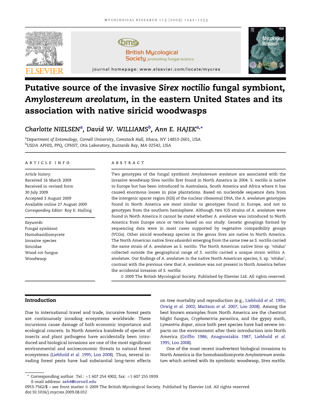 Putative Source of the Invasive Sirex Noctilio Fungal Symbiont, Amylostereum Areolatum, in the Eastern United States and Its Association with Native Siricid Woodwasps