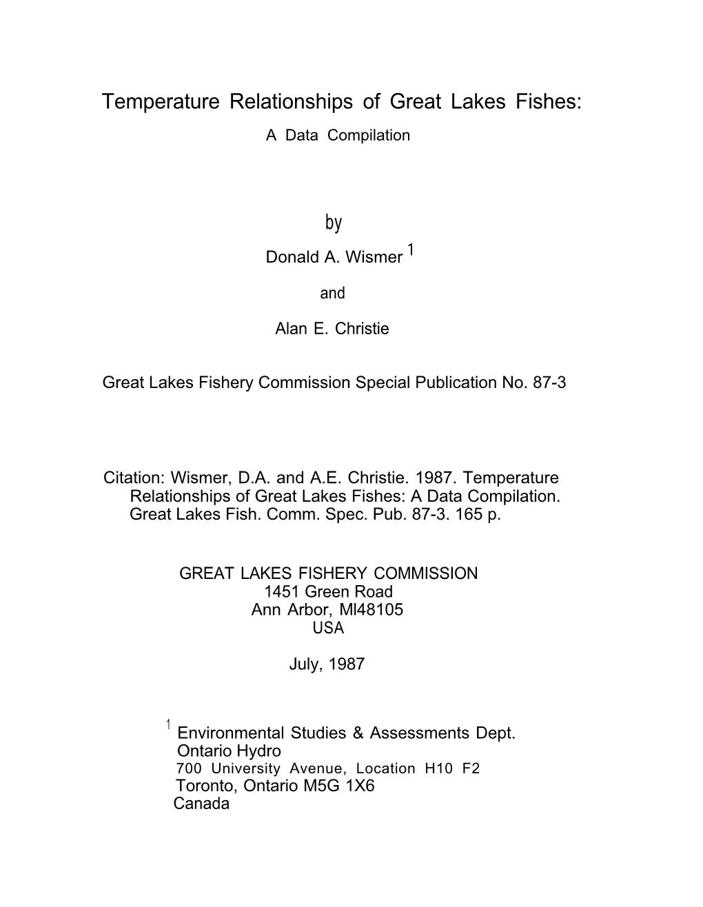 Temperature Relationships of Great Lakes Fishes: By