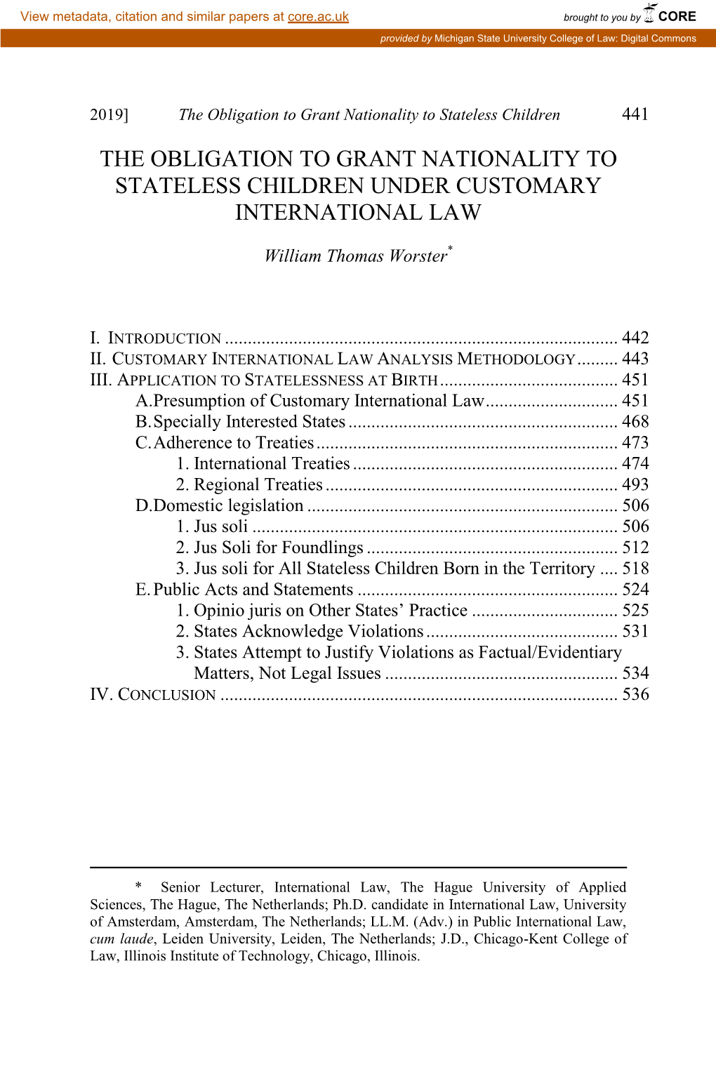 The Obligation to Grant Nationality to Stateless Children Under Customary International Law