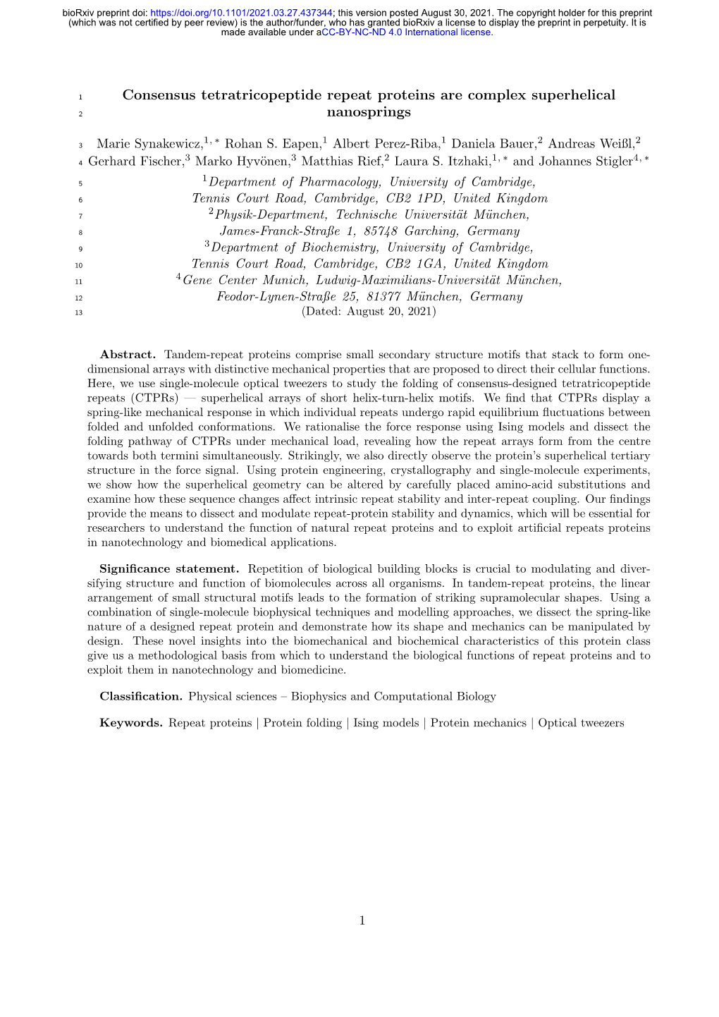 Consensus Tetratricopeptide Repeat Proteins Are Complex Superhelical 2 Nanosprings