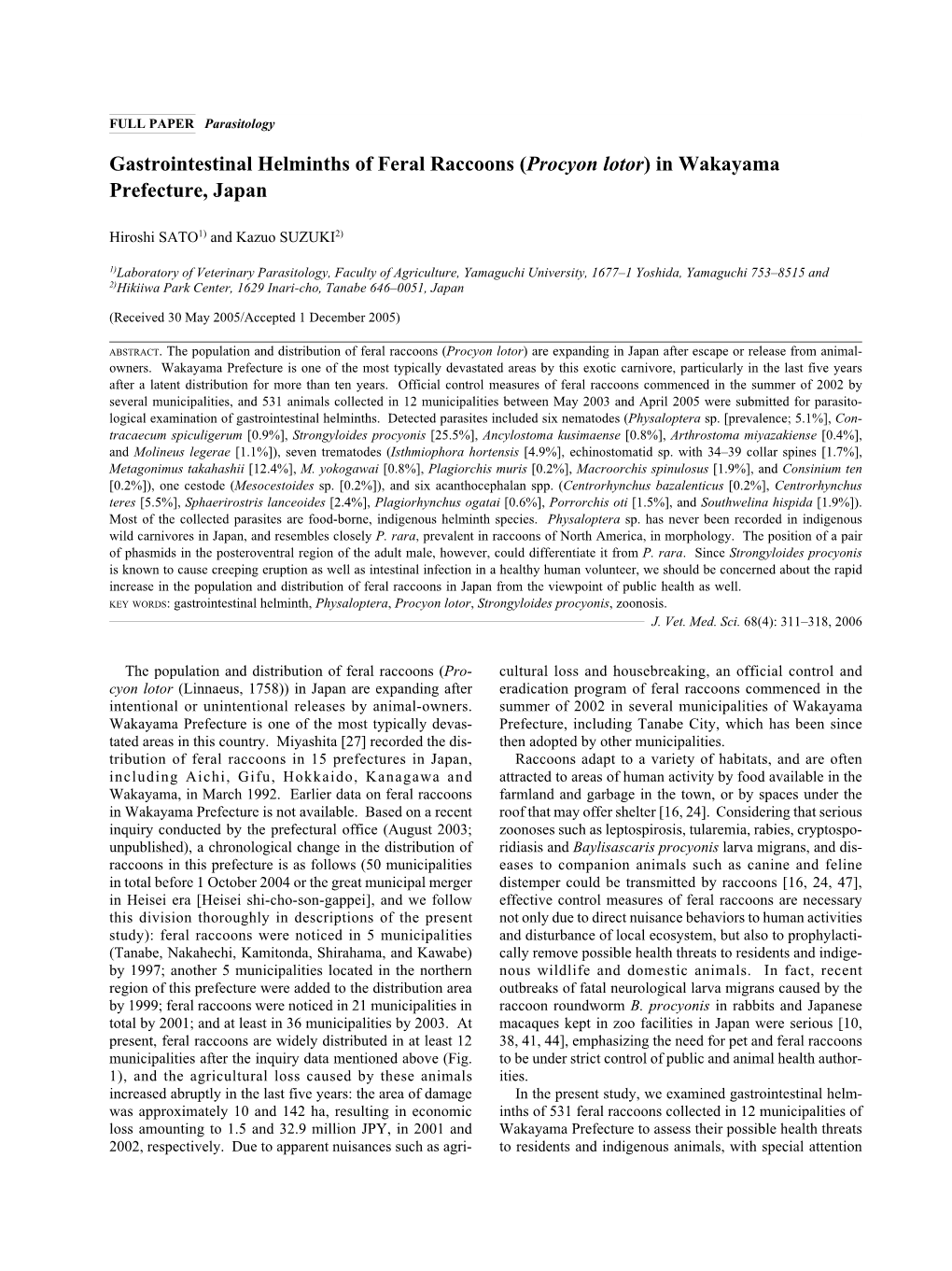 Gastrointestinal Helminths of Feral Raccoons (Procyon Lotor) in Wakayama Prefecture, Japan