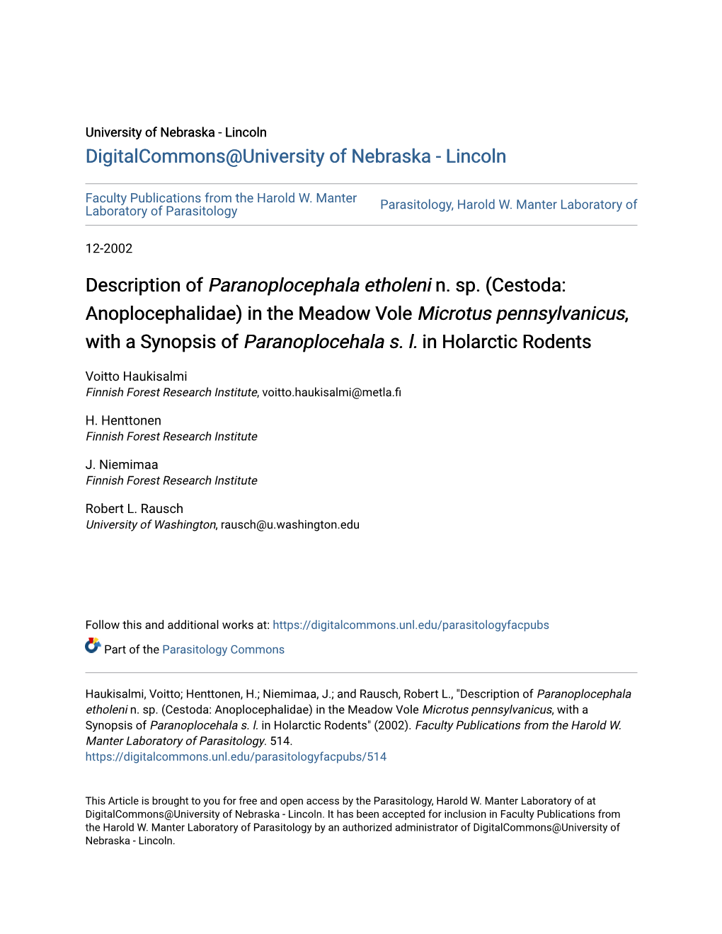 Cestoda: Anoplocephalidae) in the Meadow Vole Microtus Pennsylvanicus, with a Synopsis of Paranoplocehala S