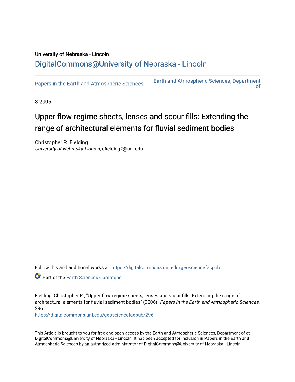 Upper Flow Regime Sheets, Lenses and Scour Fills: Extending the Range of Architectural Elements for Fluvial Sediment Bodies