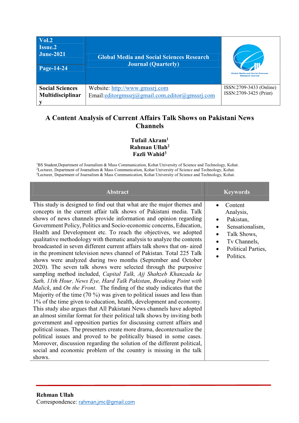 A Content Analysis of Current Affairs Talk Shows on Pakistani News Channels