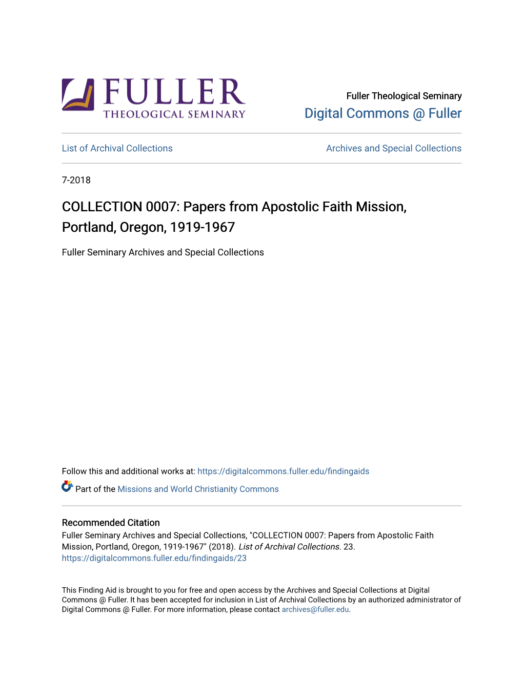 Papers from Apostolic Faith Mission, Portland, Oregon, 1919-1967
