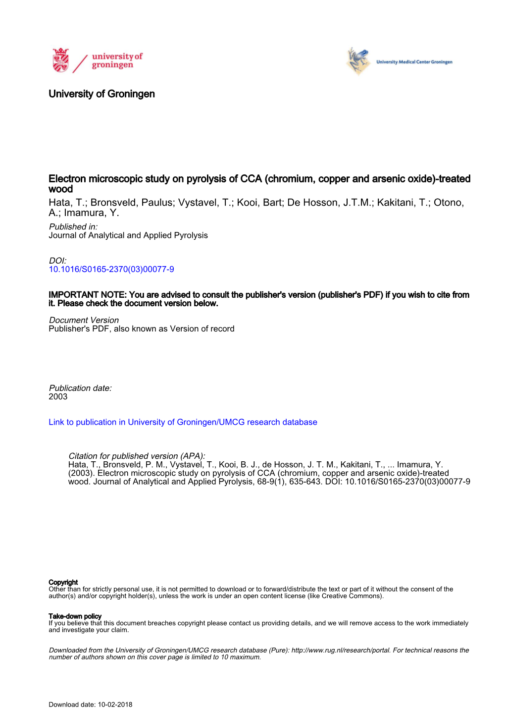 Chromium, Copper and Arsenic Oxide)-Treated Wood Hata, T.; Bronsveld, Paulus; Vystavel, T.; Kooi, Bart; De Hosson, J.T.M.; Kakitani, T.; Otono, A.; Imamura, Y