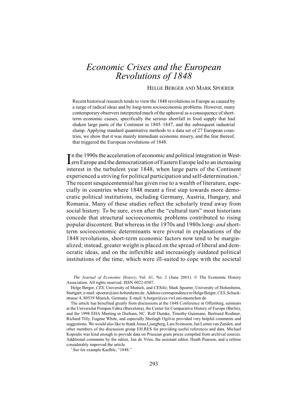 Economic Crises and the European Revolutions of 1848