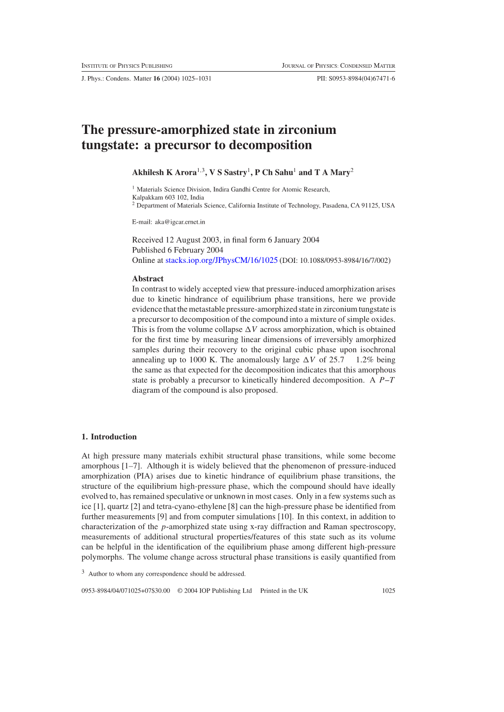 The Pressure-Amorphized State in Zirconium Tungstate: a Precursor to Decomposition