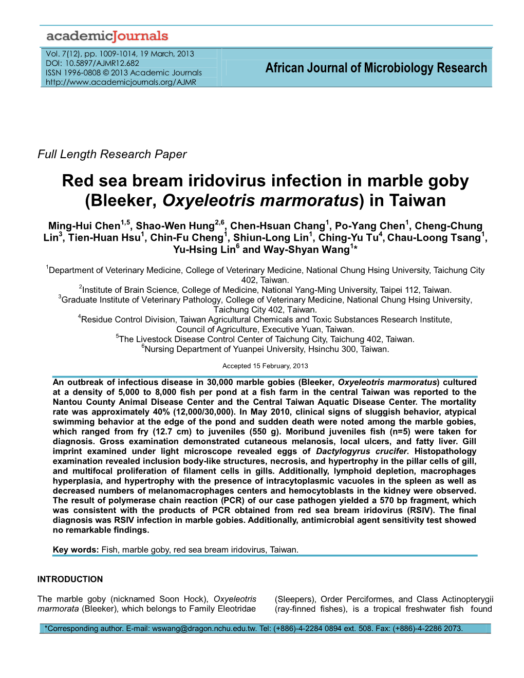 Red Sea Bream Iridovirus Infection in Marble Goby (Bleeker, Oxyeleotris Marmoratus) in Taiwan