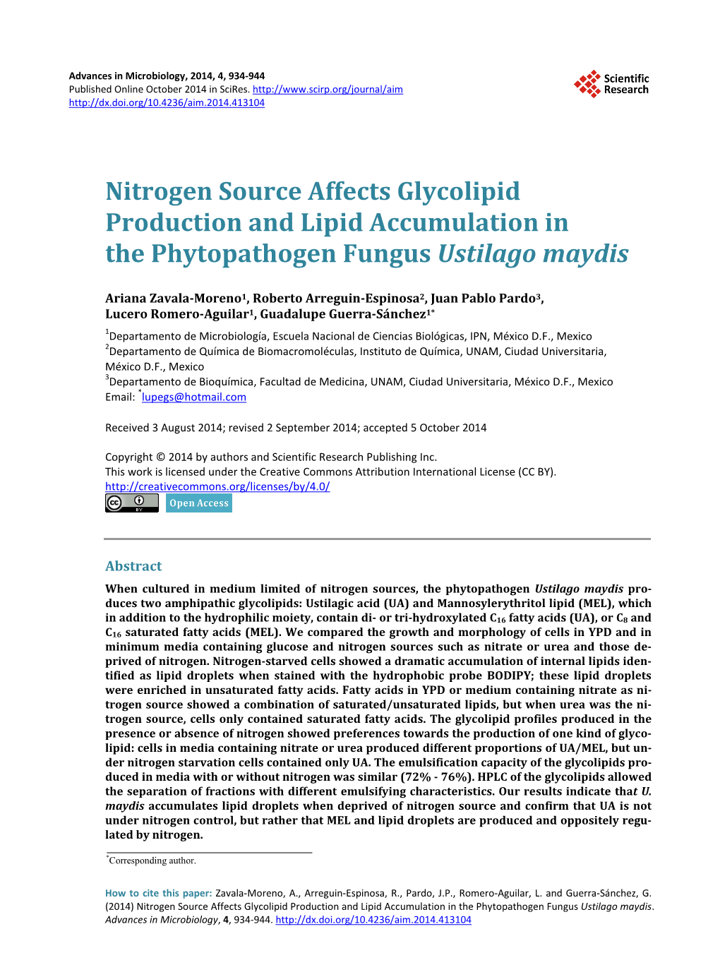 Nitrogen Source Affects Glycolipid Production and Lipid Accumulation in the Phytopathogen Fungus Ustilago Maydis