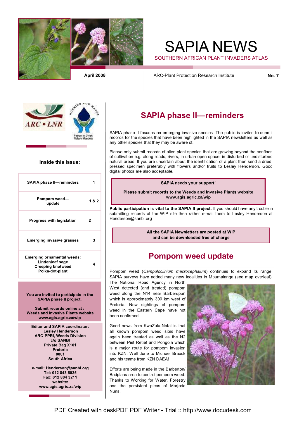 SAPIA Newsletters Are Posted at WIP and Can Be Downloaded Free of Charge Emerging Invasive Grasses 3