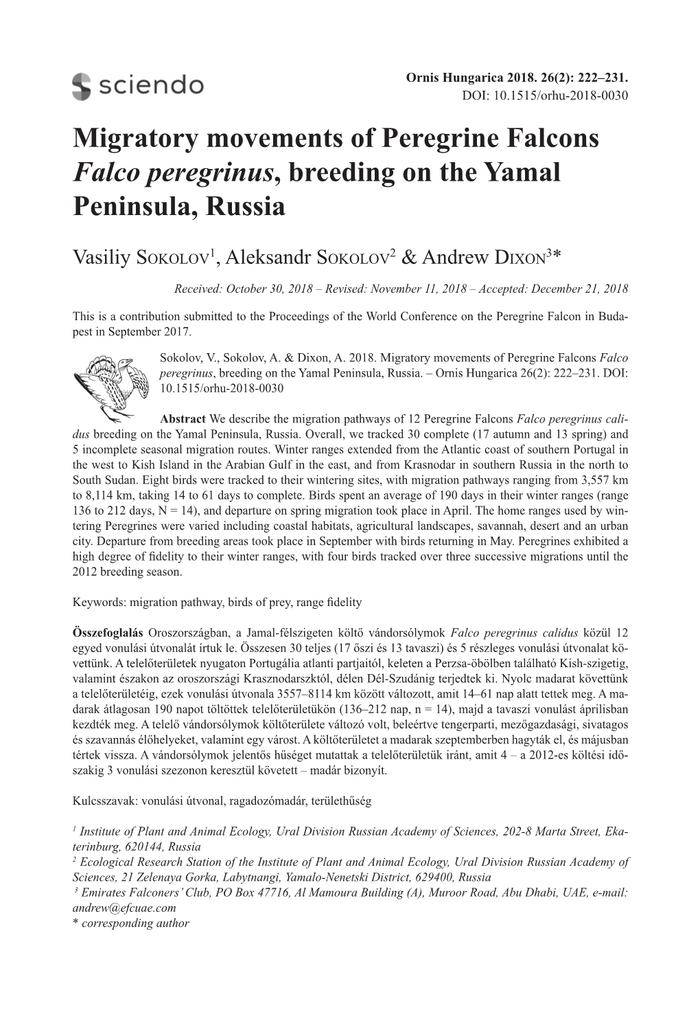 Migratory Movements of Peregrine Falcons Falco Peregrinus, Breeding on the Yamal Peninsula, Russia