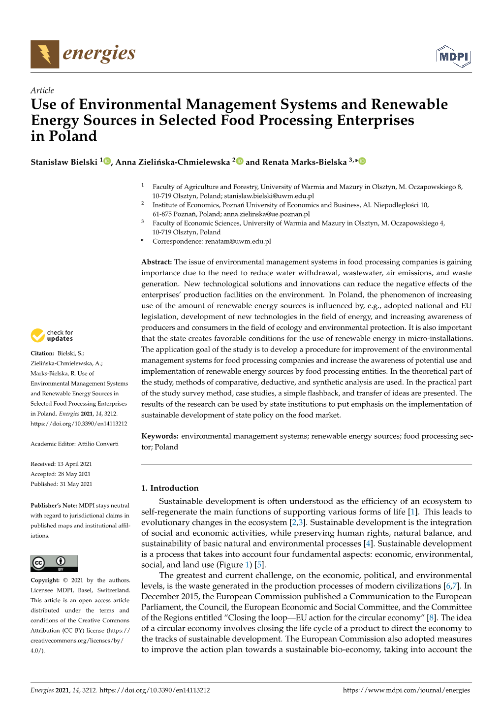 Use of Environmental Management Systems and Renewable Energy Sources in Selected Food Processing Enterprises in Poland