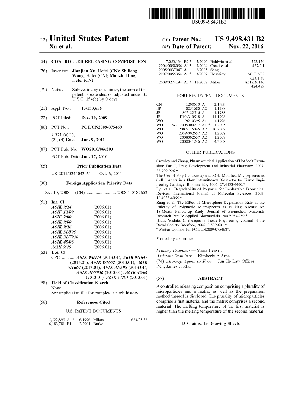 (12) United States Patent (10) Patent No.: US 9.498,431 B2 Xu Et Al