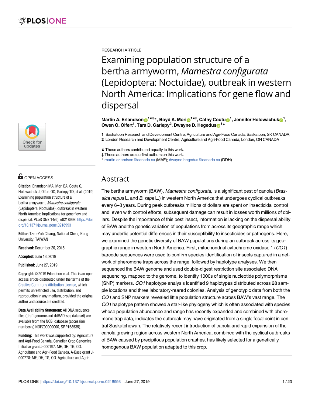 Examining Population Structure of a Bertha Armyworm, Mamestra