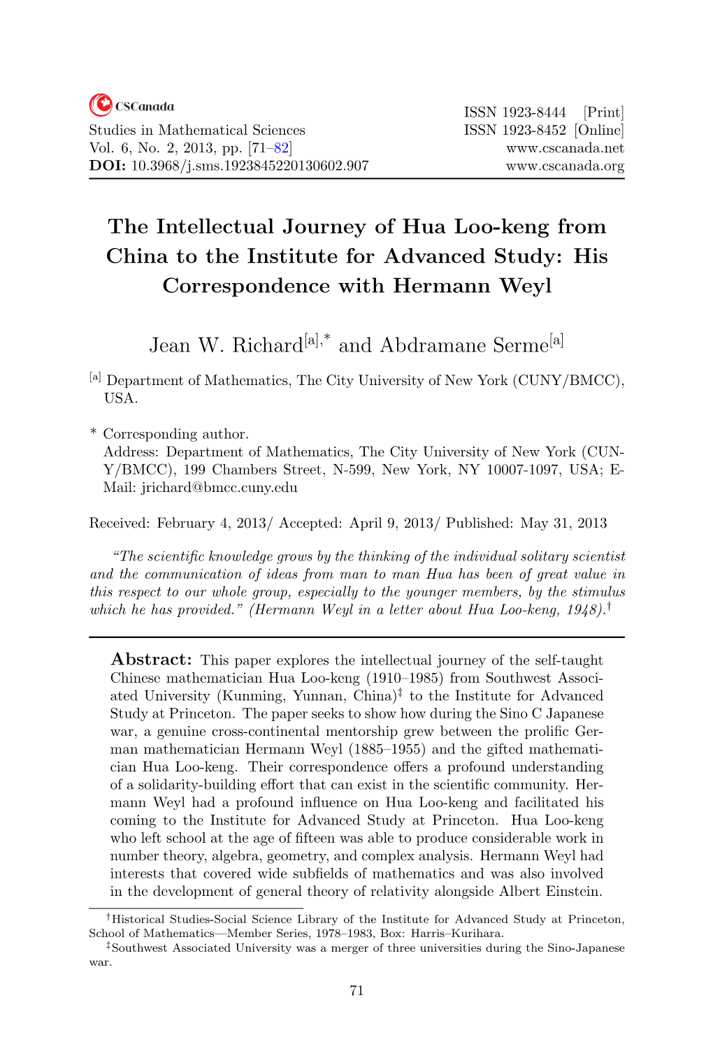 The Intellectual Journey of Hua Loo-Keng from China to the Institute for Advanced Study: His Correspondence with Hermann Weyl