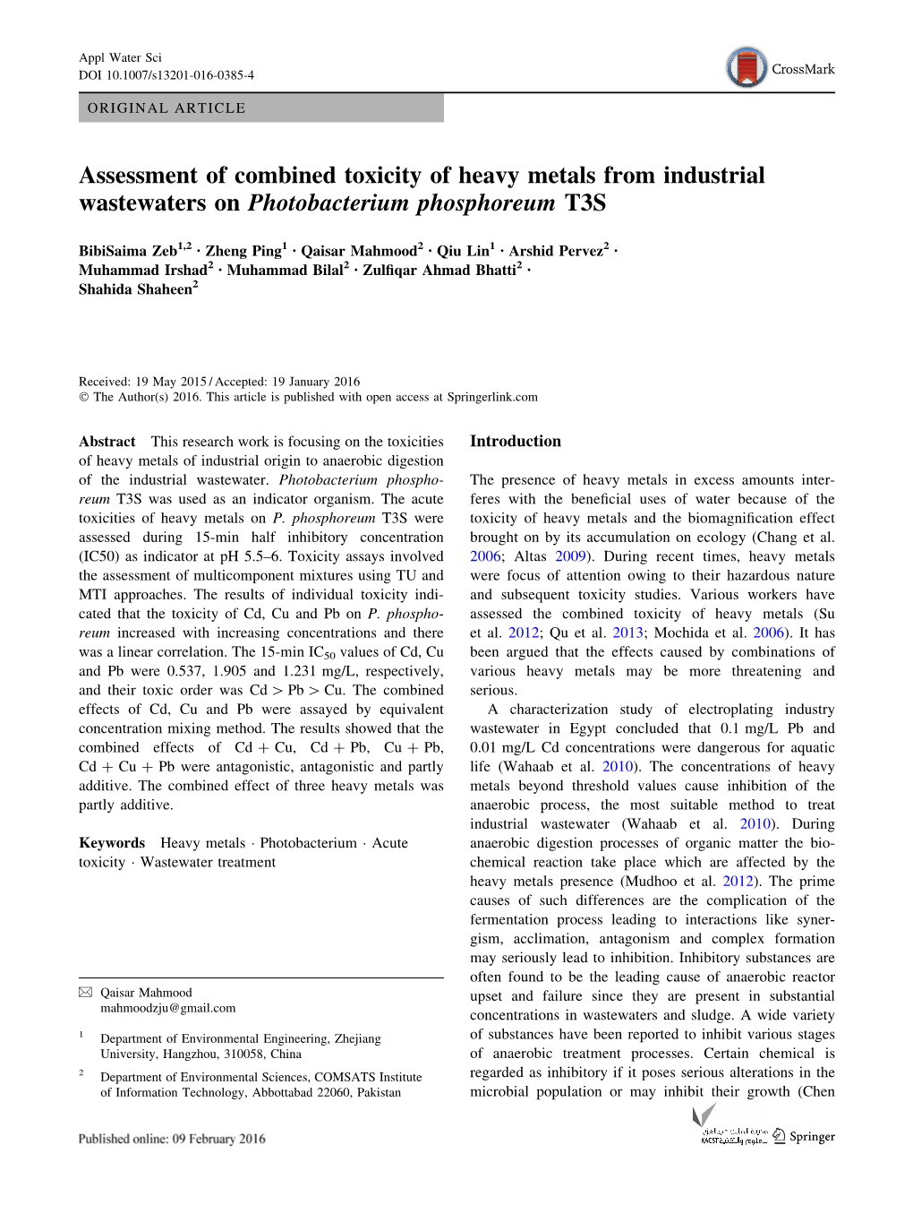 Assessment of Combined Toxicity of Heavy Metals from Industrial Wastewaters on Photobacterium Phosphoreum T3S