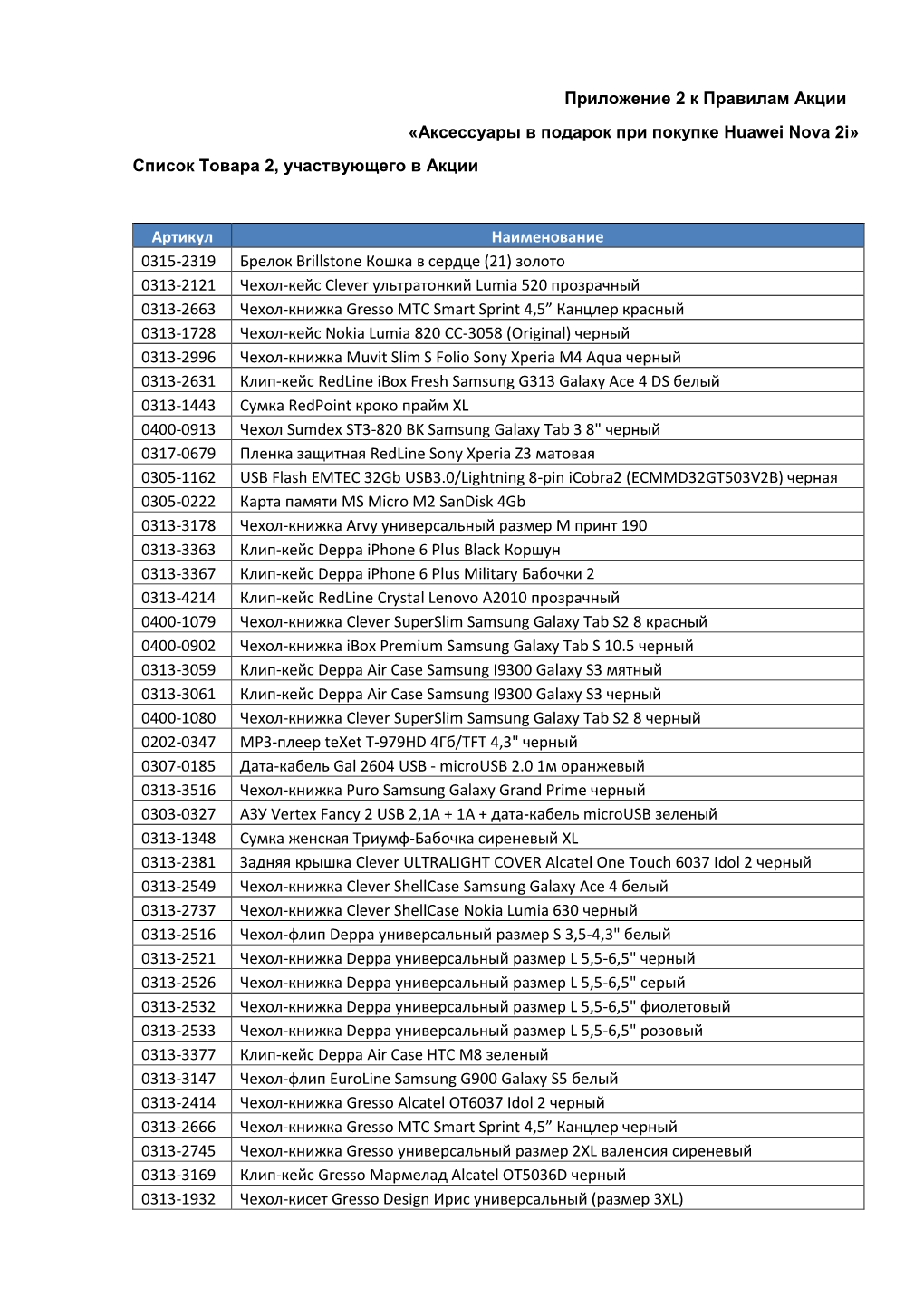 Аксессуары В Подарок При Покупке Huawei Nova 2I» Список Товара 2, Участвующего В Акции