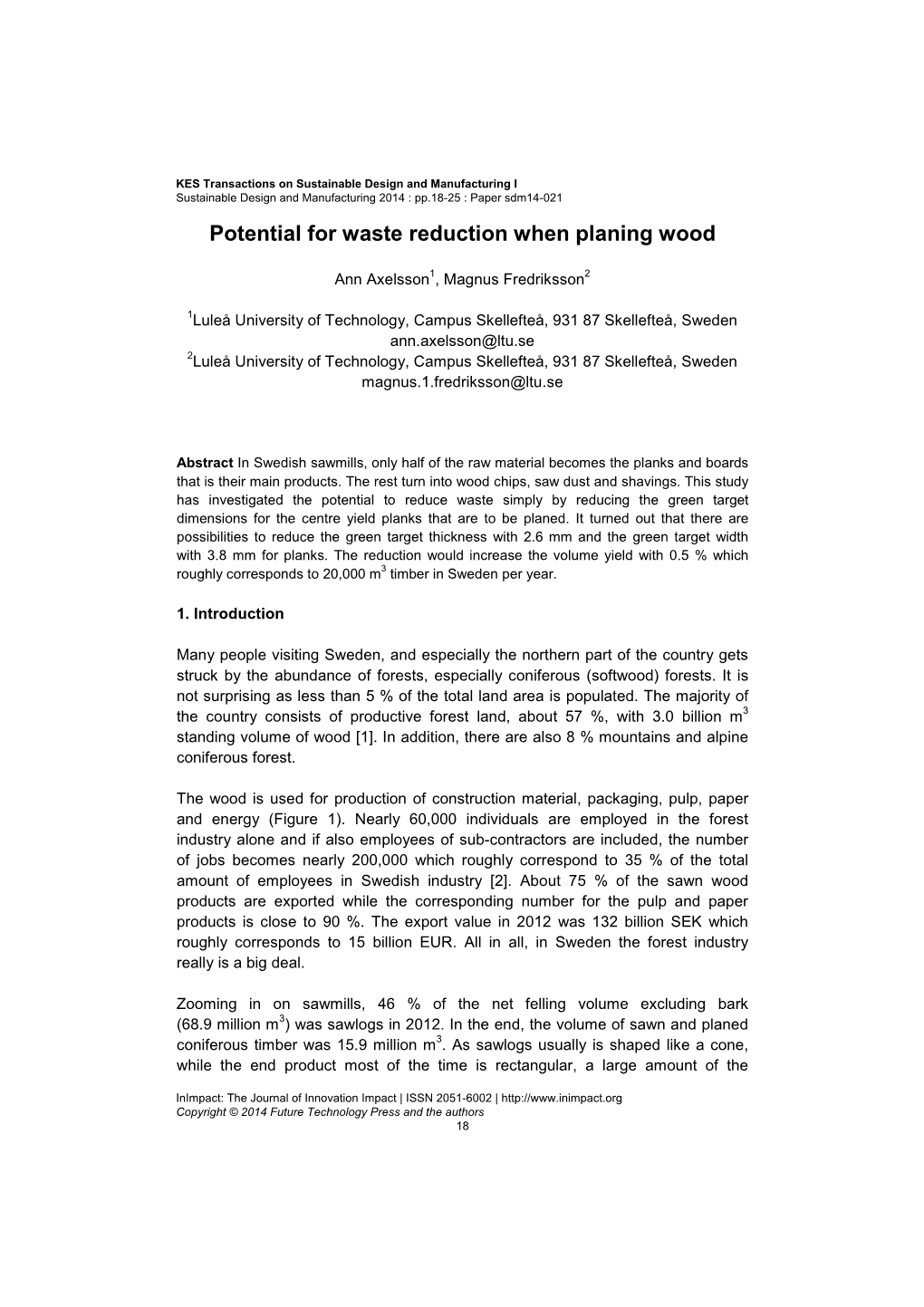 Potential for Waste Reduction When Planing Wood