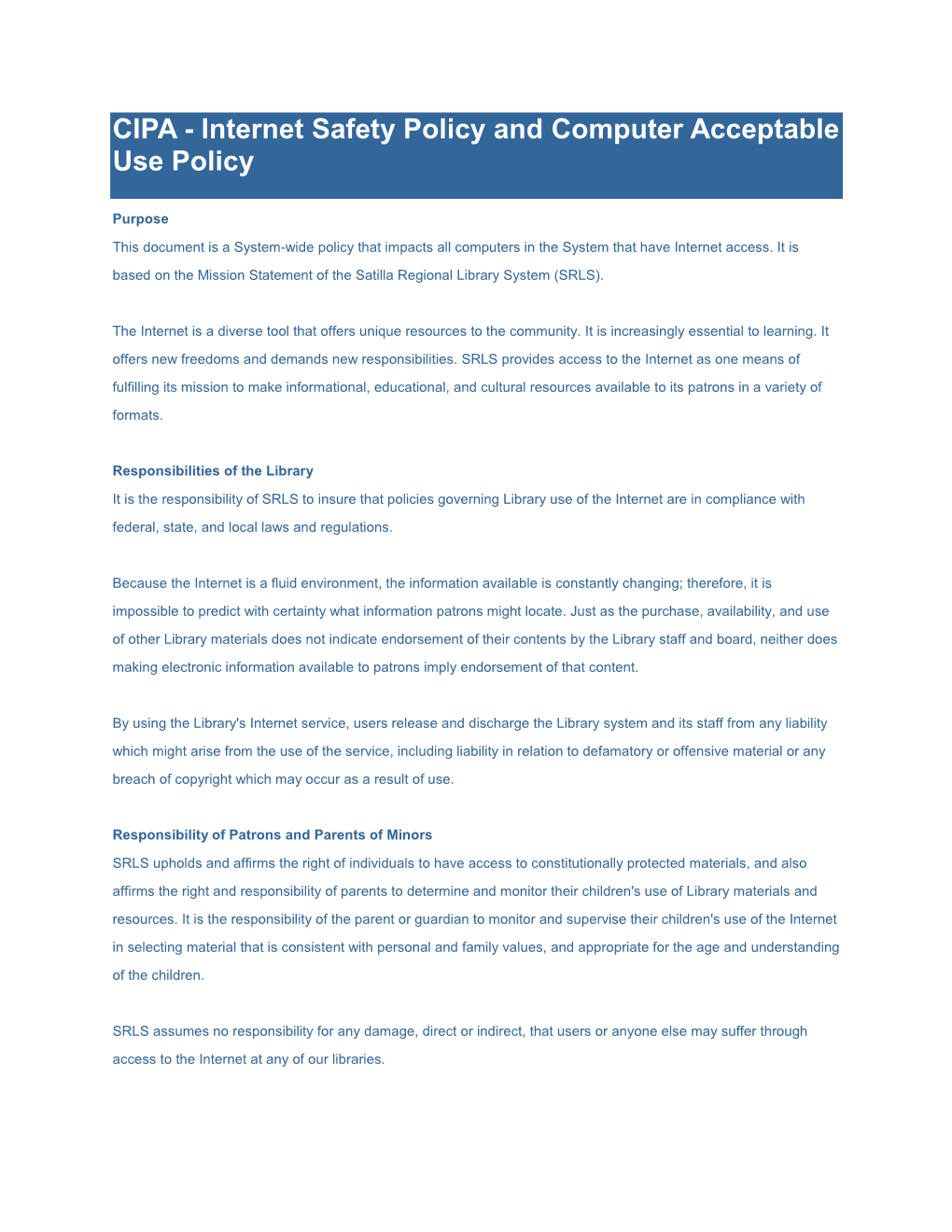 CIPA - Internet Safety Policy and Computer Acceptable Use Policy
