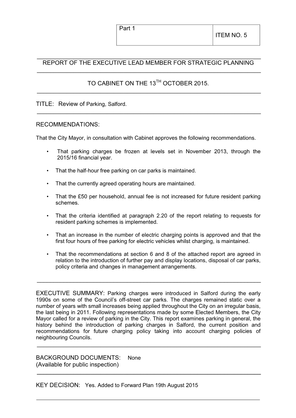 Item 5 Parking Review Report to City Mayor Updated 31St September 2015