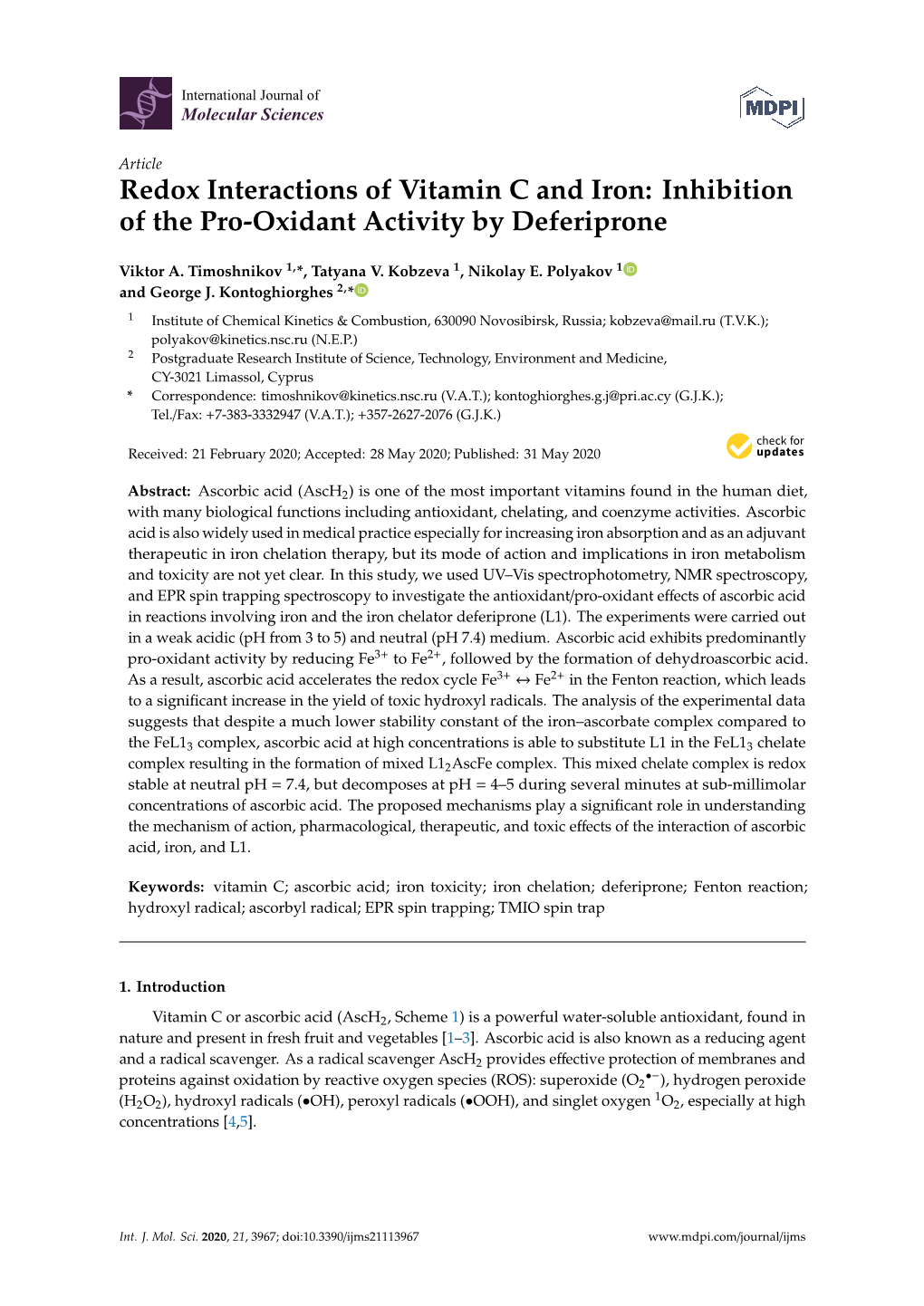 Redox Interactions of Vitamin C and Iron: Inhibition of the Pro-Oxidant Activity by Deferiprone