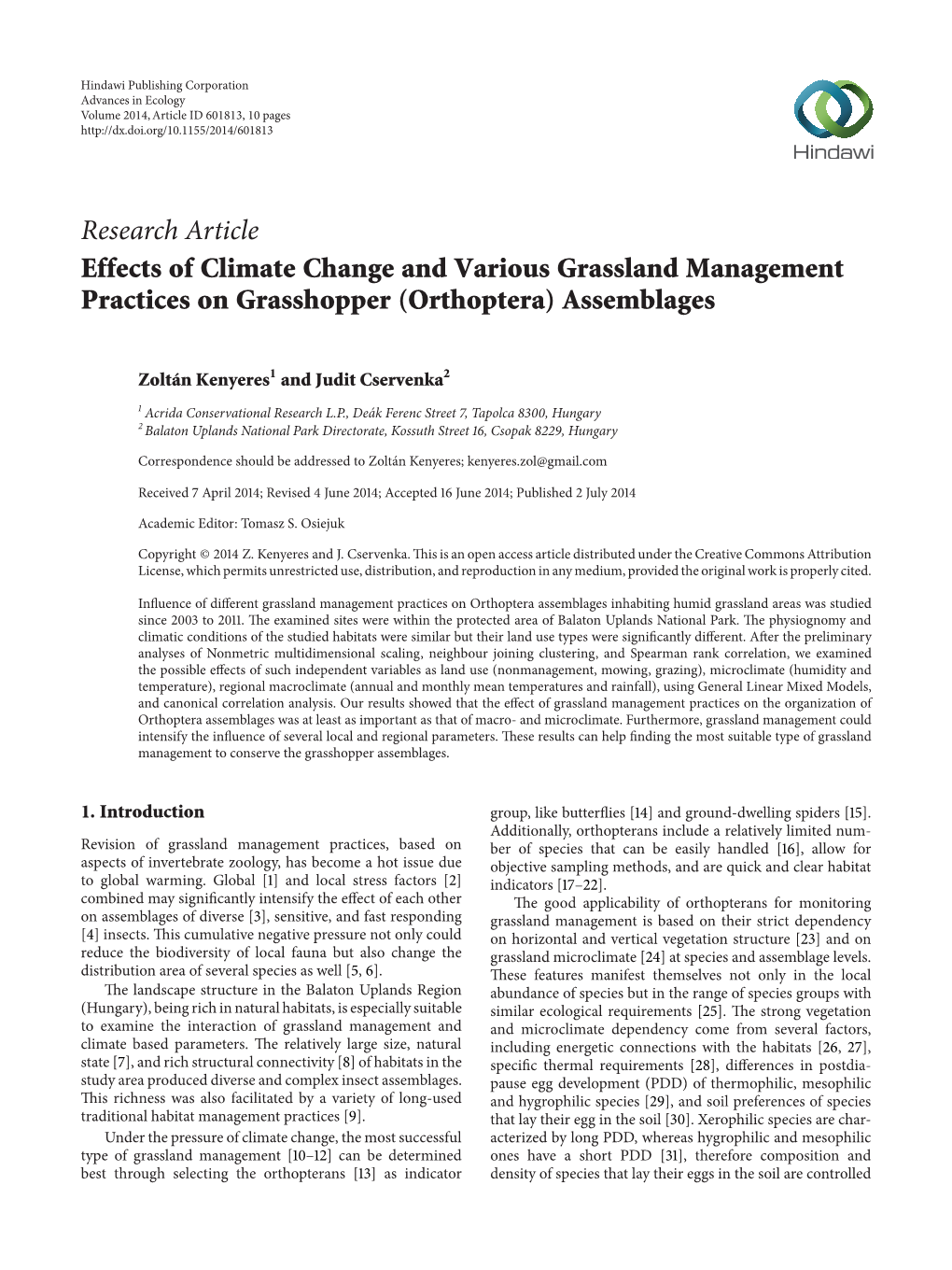 Effects of Climate Change and Various Grassland Management Practices on Grasshopper (Orthoptera) Assemblages