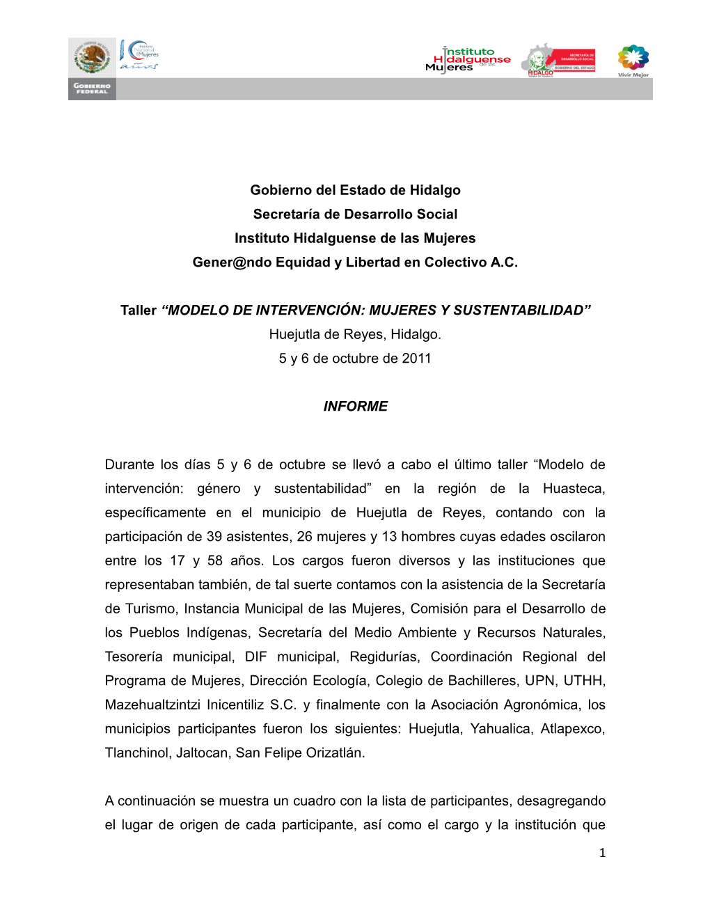 Gobierno Del Estado De Hidalgo Secretaría De Desarrollo Social Instituto Hidalguense De Las Mujeres Gener@Ndo Equidad Y Libertad En Colectivo A.C