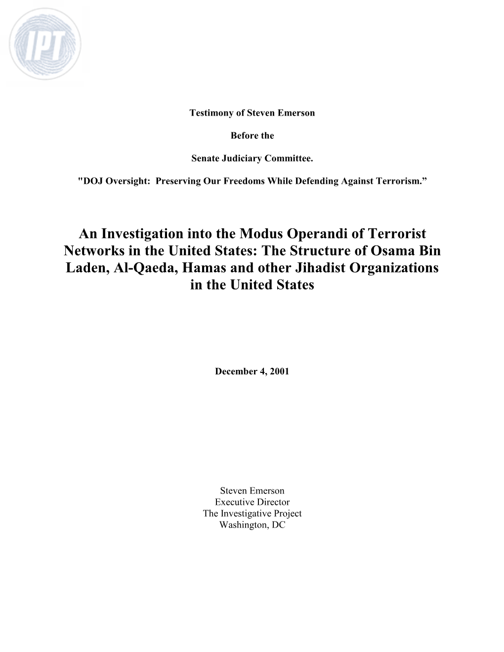 The Structure of Osama Bin Laden, Al-Qaeda, Hamas and Other Jihadist Organizations in the United States