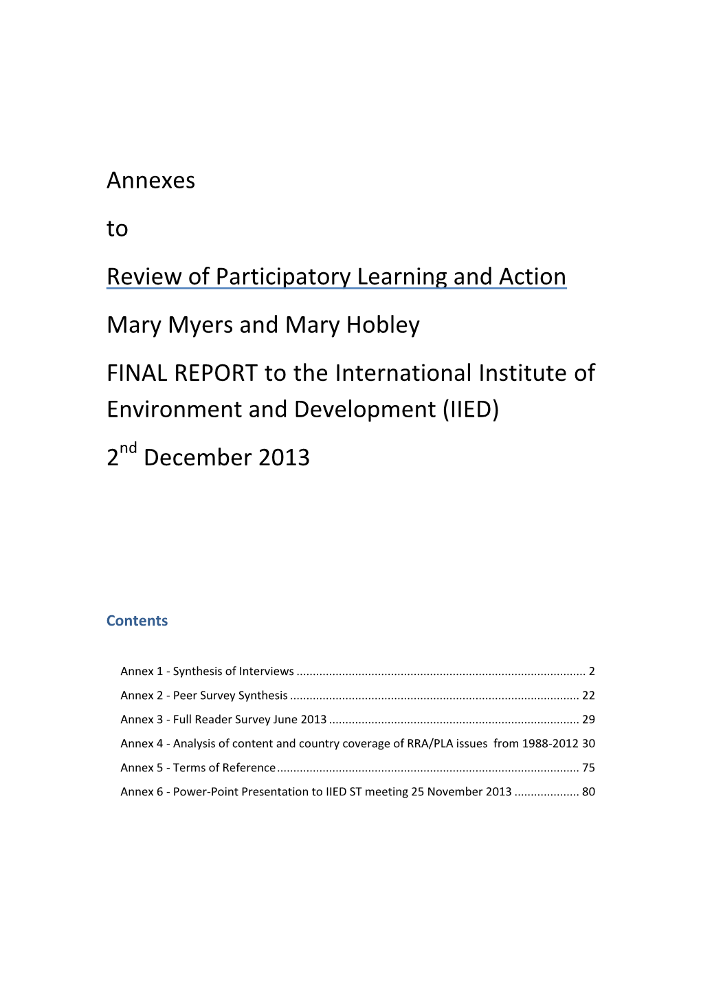 Annexes to Review of Participatory Learning and Action Mary Myers