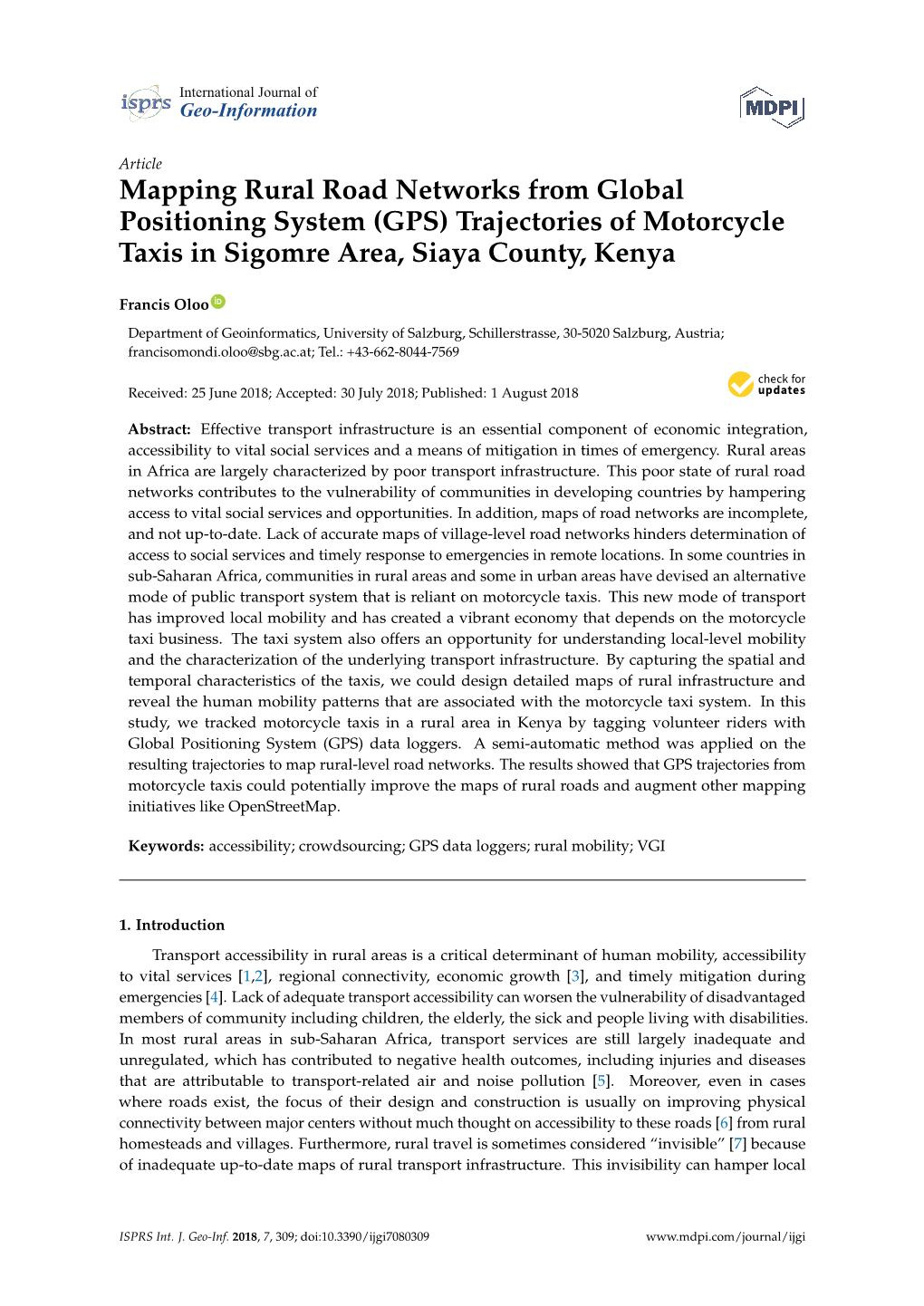 Mapping Rural Road Networks from Global Positioning System (GPS) Trajectories of Motorcycle Taxis in Sigomre Area, Siaya County, Kenya