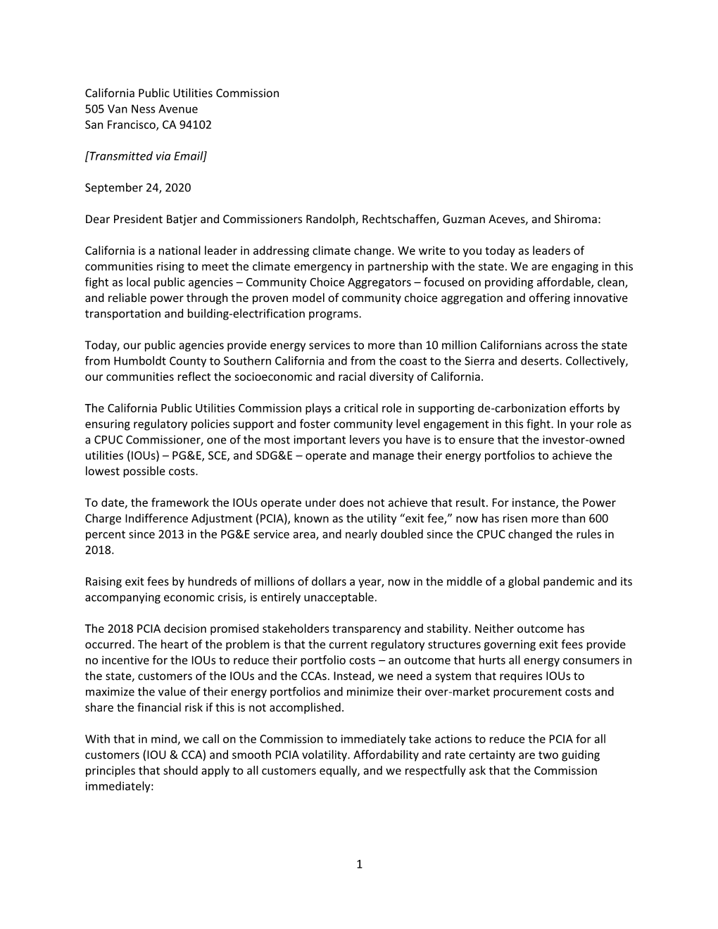 1 California Public Utilities Commission 505 Van Ness Avenue San Francisco, CA 94102 [Transmitted Via Email] September 24, 2020