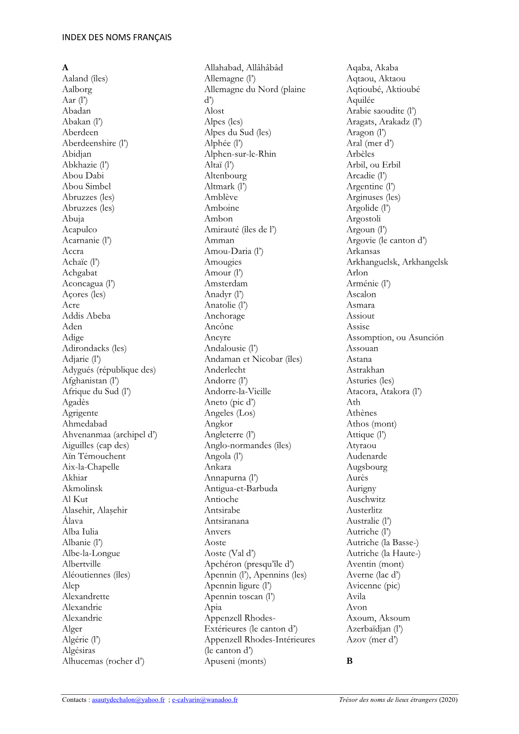 Index Des Noms Français Traditionnels : Trésor Des Noms De Lieux Étrangers