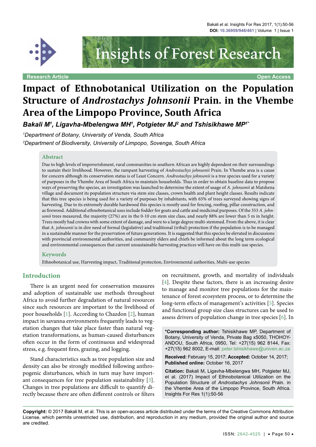 Impact of Ethnobotanical Utilization on the Population Structure of Androstachys Johnsonii Prain