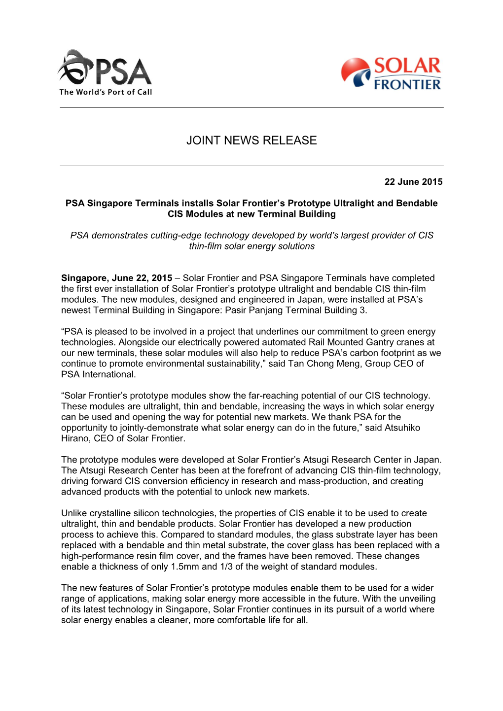 Joint News Release