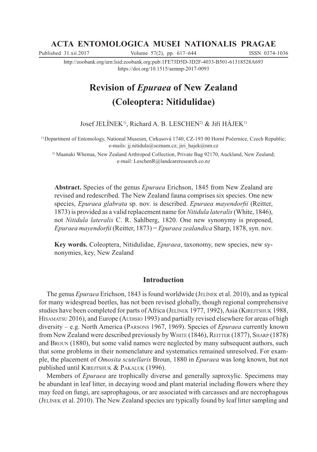 Revision of Epuraea of New Zealand (Coleoptera: Nitidulidae)