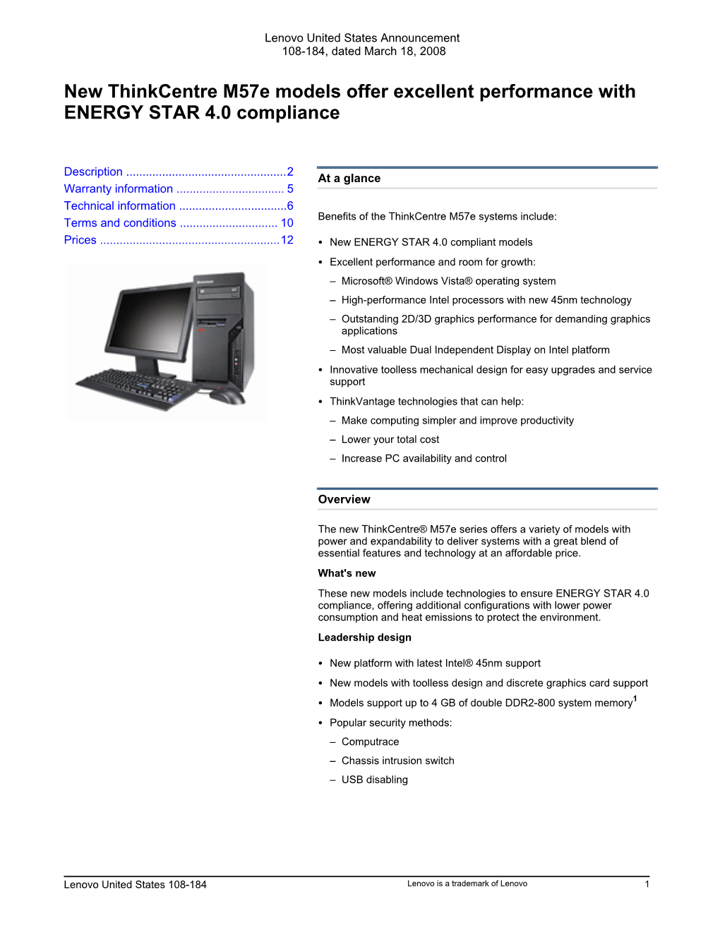 New Thinkcentre M57e Models Offer Excellent Performance with ENERGY STAR 4.0 Compliance