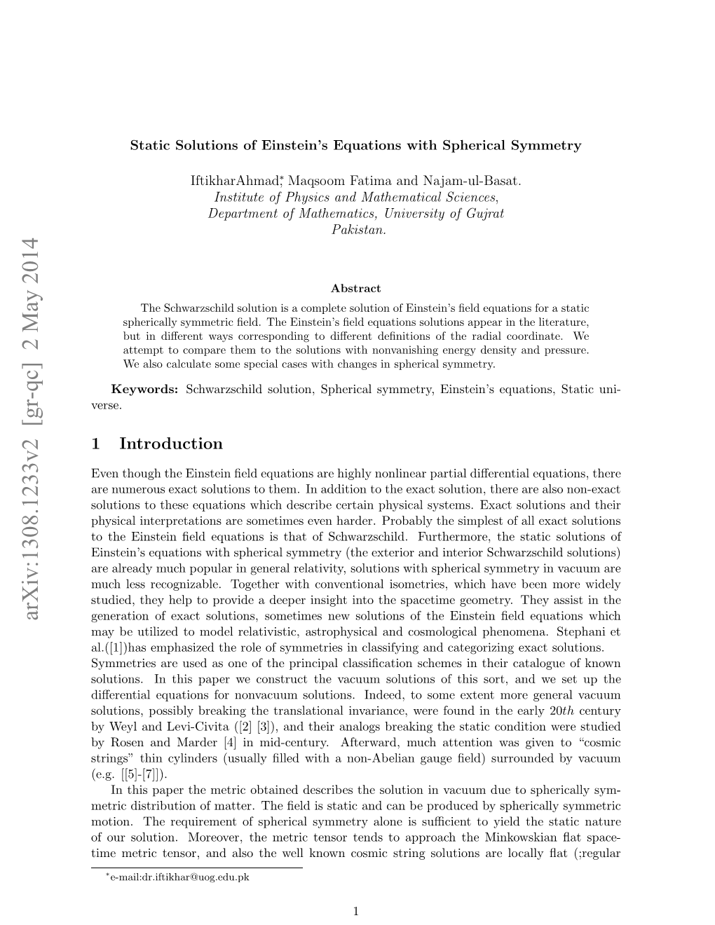 Static Solutions of Einstein's Equations with Spherical Symmetry