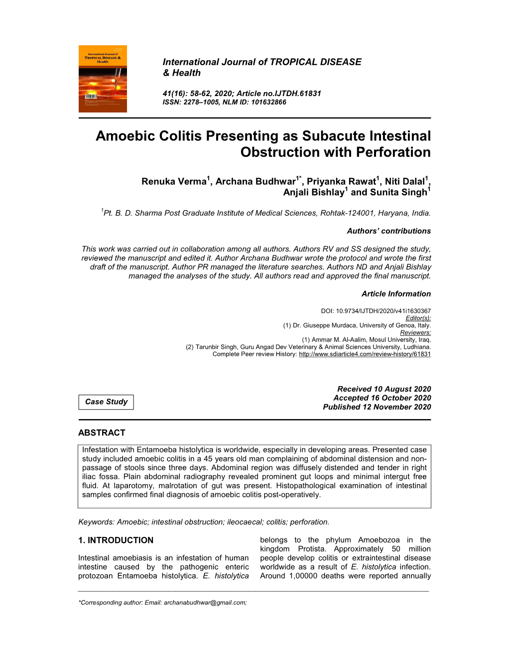 Amoebic Colitis Presenting As Subacute Intestinal Obstruction with Perforation