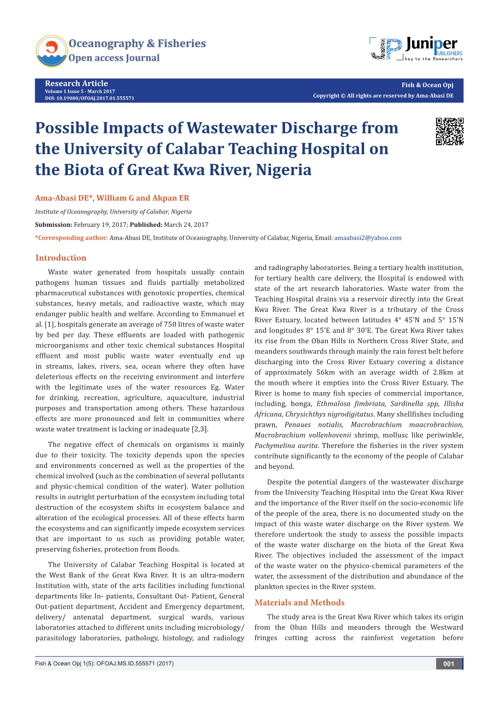 Possible Impacts of Wastewater Discharge from the University of Calabar Teaching Hospital on the Biota of Great Kwa River, Nigeria