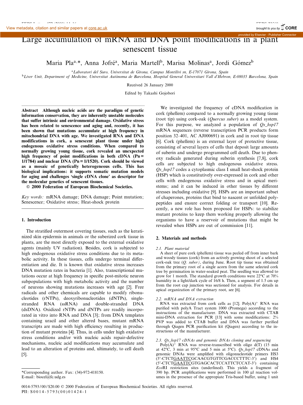 Large Accumulation of Mrna and DNA Point Modi¢Cations in a Plant