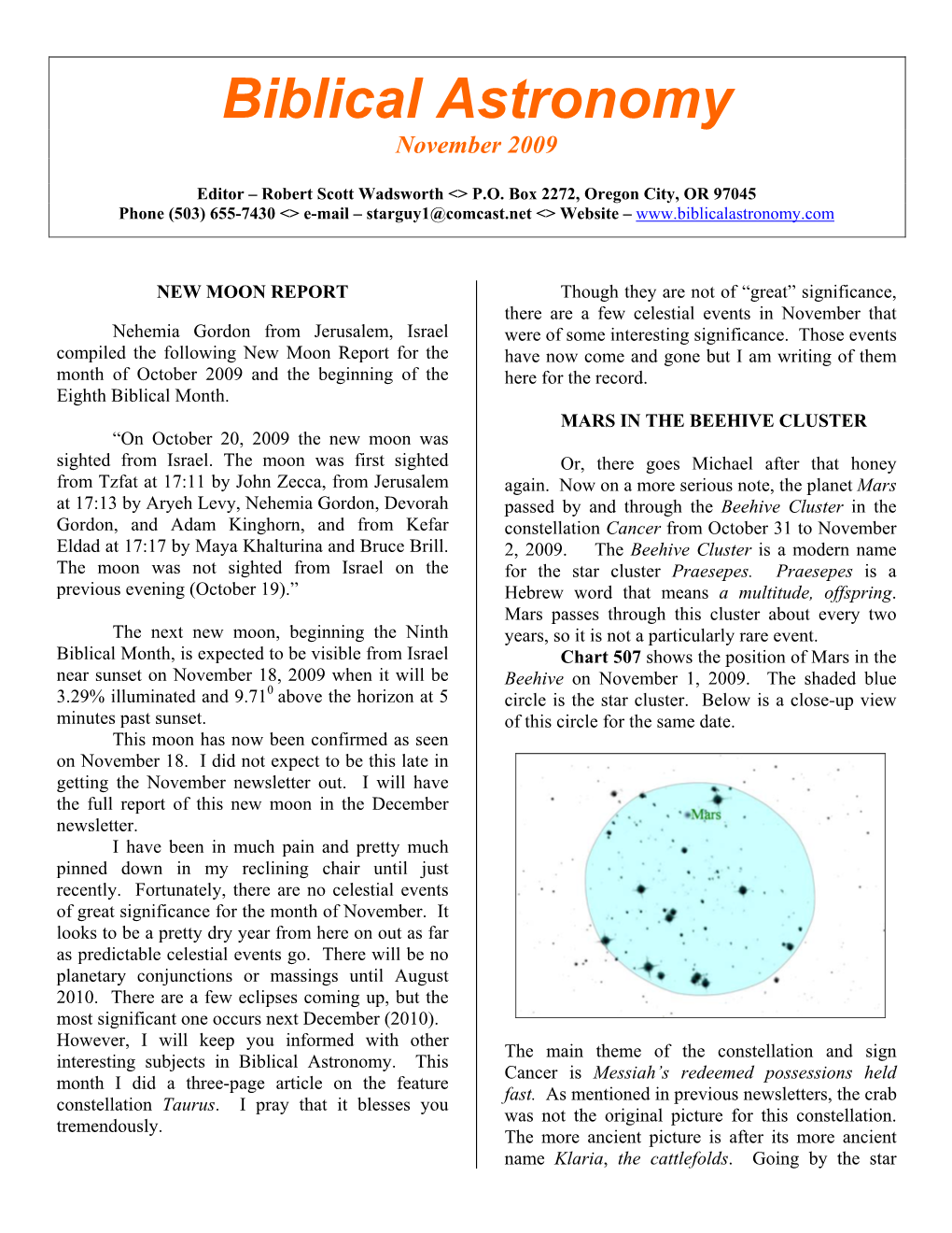 Biblical Astronomy November 2009