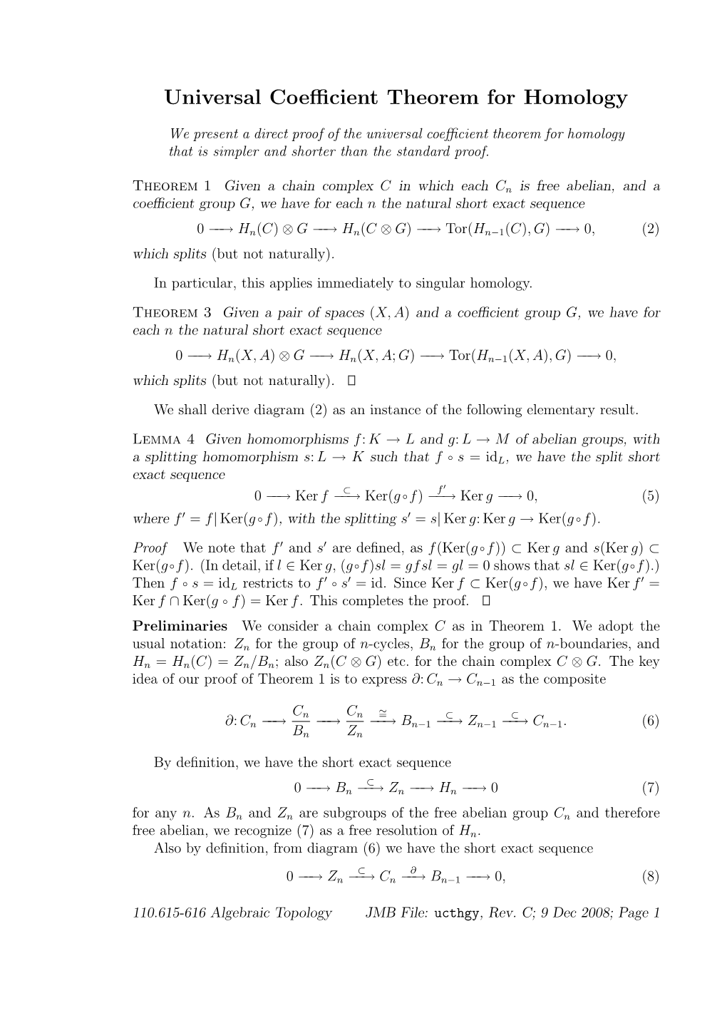 Universal Coefficient Theorem for Homology