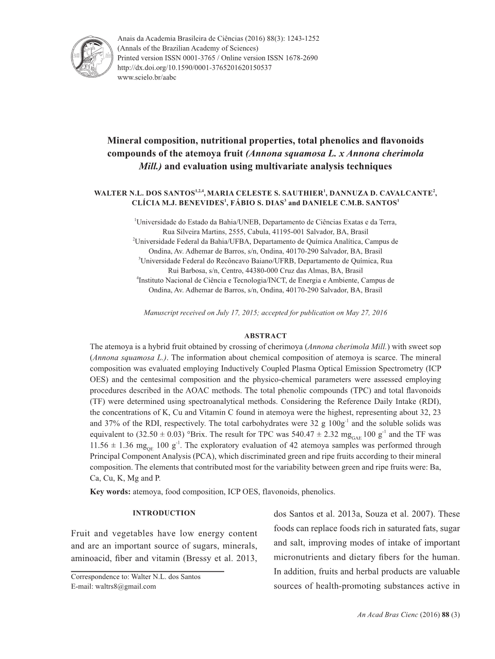 Mineral Composition, Nutritional Properties, Total Phenolics and Flavonoids Compounds of the Atemoya Fruit (Annona Squamosa L