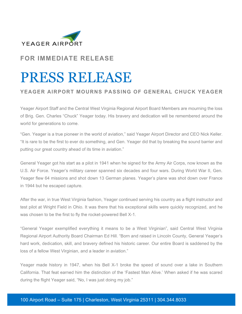PRESS RELEASE – Chuck Yeager